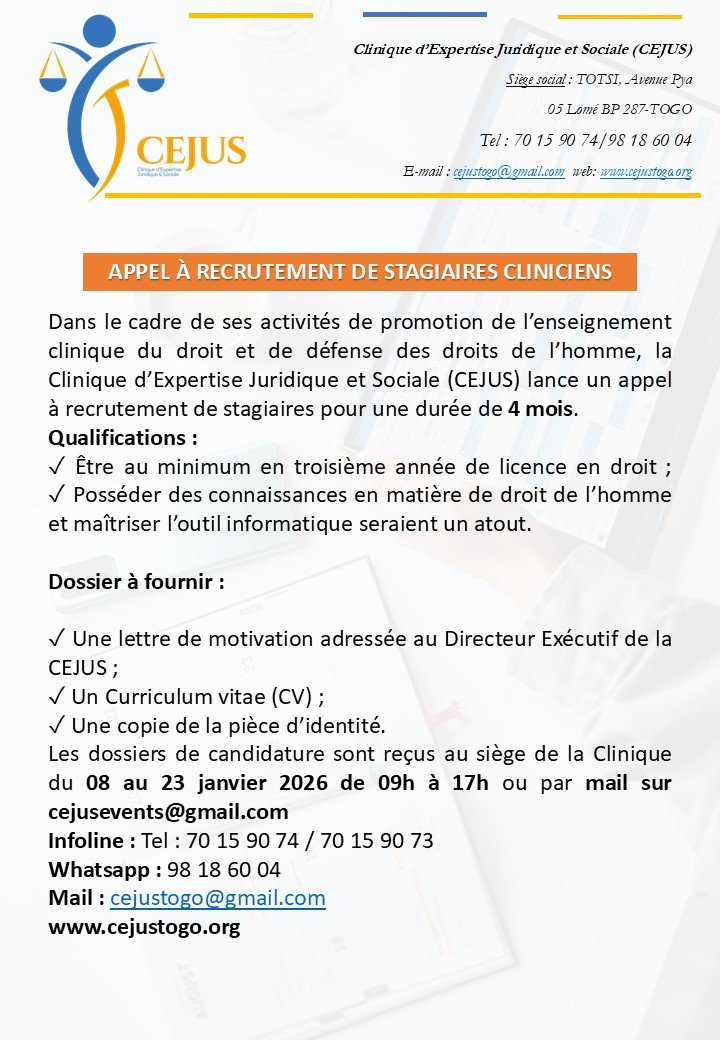 APPEL A RECRUTEMENT DE NOUVEAUX STAGIAIRES CLINICIENS A LA CEJUS