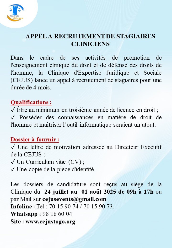 APPEL À RECRUTEMENT DE STAGIAIRES CLINICIENS