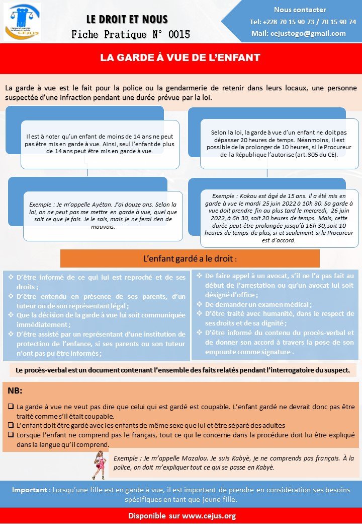 FICHE PRATIQUE N015 LA GARDE À VUE DE L’ENFANT