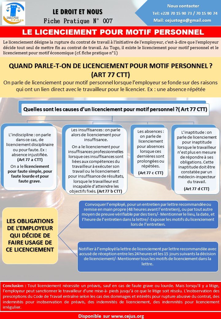 FICHE PRATIQUE N007 LE LICENCIEMENT POUR MOTIF PERSONNEL