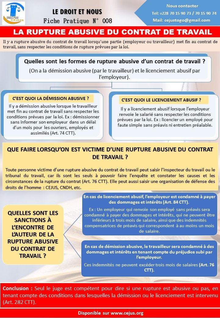 FICHE PRATIQUE N008 LA RUPTURE ABUSIVE DU CONTRAT DE TRAVAIL