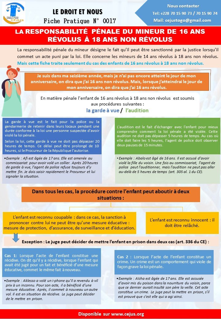FICHE PRATIQUE N017 LA RESPONSABILITÉ PÉNALE DU MINEUR DE 16 ANS  RÉVOLUS À 18 ANS NON RÉVOLUS